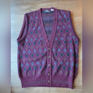 Vintage The Italian Sweater Co Cardigan Vest Wool Blend Argyle Grandpa Style
